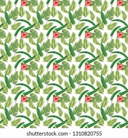 Exotic abstract vector jungle or tropical leaf and flower seamless pattern. Vector illustration. Green leaf and white background.
