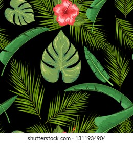 Exotic abstract vector jungle or tropical leaf and flower seamless pattern. Vector illustration. Green leaf and black background.