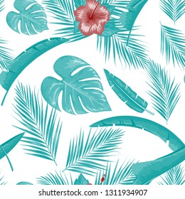 Exotic abstract vector jungle or tropical leaf and flower seamless pattern. Vector illustration. Blue leaf and white background.