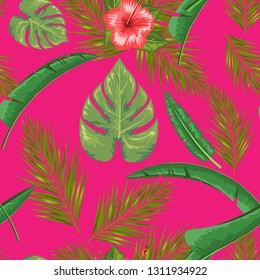 Exotic abstract vector jungle or tropical leaf and flower seamless pattern. Vector illustration. Green leaf and pink background.