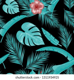 Exotic abstract vector jungle or tropical leaf and flower seamless pattern. Vector illustration. Blue leaf and black background.