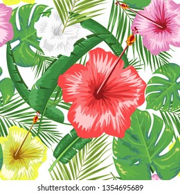 Exotic abstract vector jungle or tropical leaf and flower seamless pattern. Vector illustration. Green leaf and white background.