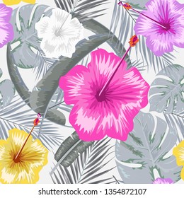 Exotic abstract vector jungle or tropical leaf and flower seamless pattern. Vector illustration. Green leaf and white background.