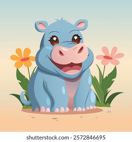 Exotic African Animal. Cute Baby Hippopotamus with Flowers. Hand Drawn Vector Illustration.