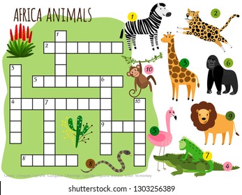 Exotic african animals vector crossword for children. Illustration of game puzzle crossword with animal crocodile and snake