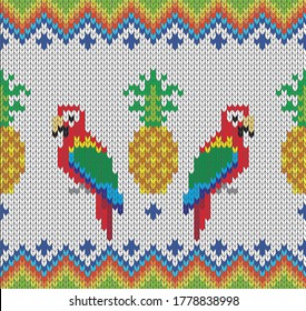 An exotic African knitted seamless pattern with Ara parrots and pineapple for pattern for fabric textiles