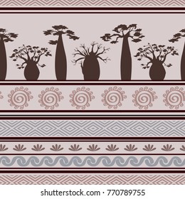 Exotic african seamless pattern with babobabs and graphic symbols. Geometric abstract tribal style. Vector illustration. Modern textile design
