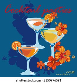 Exotic alcoholic cocktails on a blue background. Cocktail party. Vector illustration