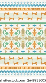 Exotic Ancient Abstract Design Victorian Baroque Medieval Ornament Delicate Florals Blooming Geometric Combine Design. Colorful Brightly Blue Green Orange on White Background for Clothing Fashion Lace