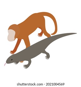 Exotic animal icon isometric vector. Brown little monkey and gray monitor lizard icon. Wildlife, zoo animal