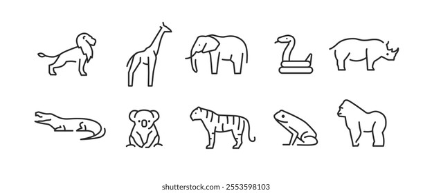 Exotic Animal icons. Set of 10 trendy minimal animal icons. Example: Lion, Giraffe, Tiger, Snake, Gorilla icons. Design signs for web page, mobile app, packaging design. Vector illustration.