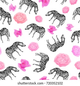 Exotic animal pattern, zebra and roses seamless vector pattern