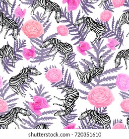 Exotic animal pattern,zebra and roses seamless vector illustration