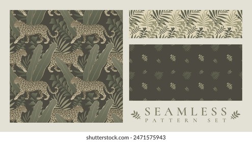 Exotic animal seamless pattern collection. Vector summer tropic vector background set. Repeating print of leopard or jaguar with green leaves.