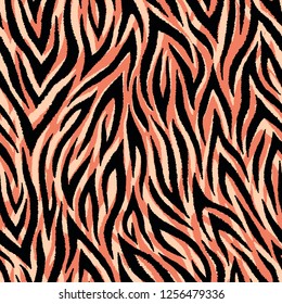 Exotic animal skin seamless pattern. Tiger stripes and lines background. Black and orange repeating backdrop. Detailed hand-drawn vector illustration. Animalistic print for fabrics, posters, banners.