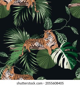 Exotic animal tiger in the jungle pattern vintage black background illustration seamless pattern. Trendy composition beach wallpaper.	