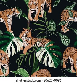 Exotic animal tiger in the jungle pattern vintage black background illustration seamless pattern. Trendy composition beach wallpaper.	