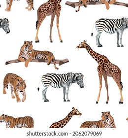 Exotic animal: tiger, zebra, giraffe pattern vintage background illustration seamless pattern. Trendy composition beach wallpaper. White background.	