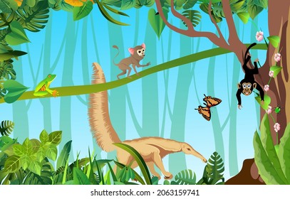 Exotic animals and birds and plants  jungle landscape vector