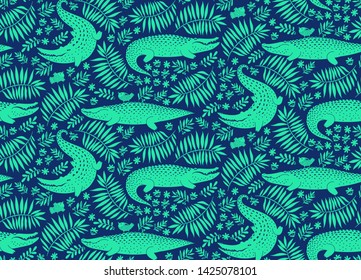 Exotic animals, birds, plants seamless pattern. Vector tropical alligator,bird, flower, palm leaf illustration.