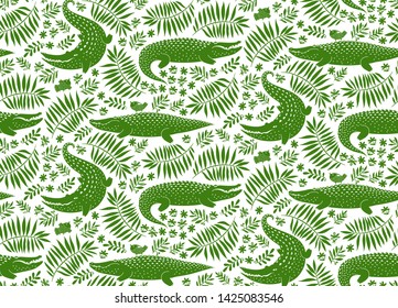 Exotic animals, birds, plants seamless pattern. Vector tropical alligator,bird, flower, palm leaf illustration. White, green cartoon wild nature wallpapers.