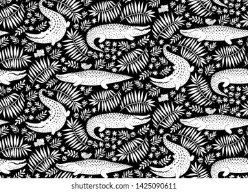 Exotic animals, birds, plants seamless pattern. Vector tropical stylized alligator,bird, flower, palm leaf illustration. Black, white zentangle adult coloring page.