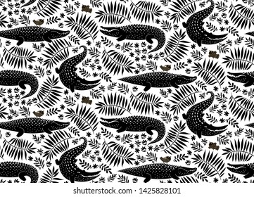 Exotic animals, birds, plants seamless pattern. Vector tropical alligator, bird, flower, palm leaf illustration. Black and white stylized predator reptile animals and foliage background.