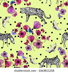 exotic animals, birds, tender pink flowers, butterflies on small black dots background, fashion vector seamless pattern, summer vector illustration