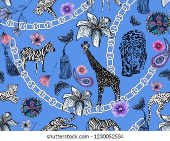 exotic animals, butterflies, paisley, flowers and chains on blue background, seamless vector illustration, design for textile texture