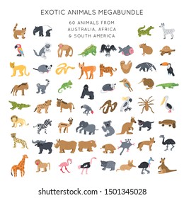 Exotic animals clipart vector illustrations set. Elegant vector bundle. Kids design posters collection. Drawing in scandinavian style. Handwritten lettering.