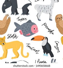  Exotic animals hand drawn color vector seamless pattern. Scandinavian illustration. Wrapping paper, textile, 
background fill. 