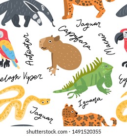 Exotic animals hand drawn color vector seamless pattern. Scandinavian illustration. Wrapping paper, textile, background fill. 