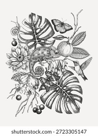 Animais exóticos desenhados à mão ilustração vetorial. Fundo tropical em estilo de esboço. Folhas de palmeira, flor tropical vintage poster design. Não gerada por IA 