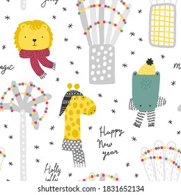 Exotic animals in knitted clothes among decorated palms. Winter in the rainforest. Christmas background.