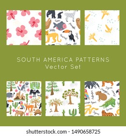 Exotic animals and landscape hand drawn vector seamless patterns set. Scandinavian illustrations endless textures bundle. Wrapping paper, textile, 
background fill. 