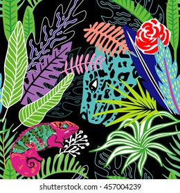 Exotic Animals Leopard And Hameleon In The Exclusive Tropic Jungle Hand Drawn Cartoon Style. Print Summer Floral Plant. Nature Trendy Wallpaper. Seamless Vector Pattern