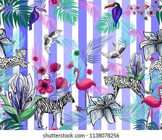 exotic animals on blue striped background,  print for textile texture, vector seamless pattern