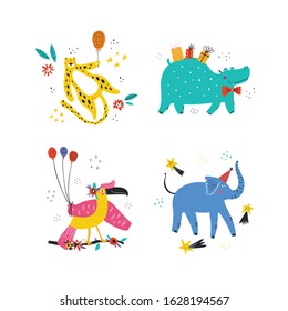 Exotic animals at party vector illustrations set