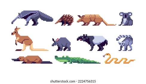 Exotische Tiere Pixelart Set. Australische Fauna-Sammlung. 8 Bit. Spielentwicklung, mobile App.  Einzige Vektorgrafik.