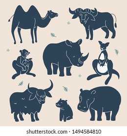 Exotic animals silhouettes - set of flat design style characters