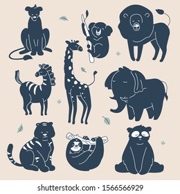 Exotic animals silhouettes - set of flat design style characters. A collection with dark images of lions, koala, panda, tiger, giraffe, sloth, elephant, zebra. Learning game for children