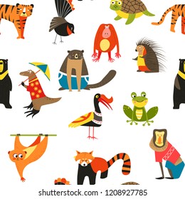 Exotic animals variety seamless pattern, lemur and hedgehog