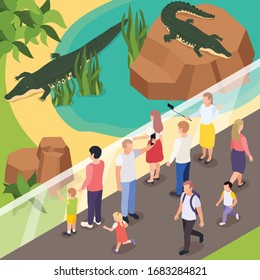 Exotic animals in zoo isometric composition with visitors making selfie with two crocodiles in pond vector illustration 