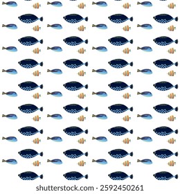 Exotic aquarium or sea fish. Flat style. Vector illustration. Seamless pattern.