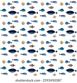 Exotic aquarium or sea fish. Flat style. Vector illustration. Seamless pattern.