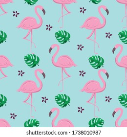  Exotic art design for fabric and wallpaper. tropical seamless pattern with pink flamingos