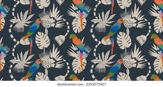 Exotic artistic tropical pattern with leaves, flowers and parrots. Botanical abstract collage seamless pattern. Hand drawn unique print.