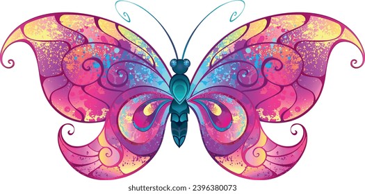 Exotic, artistically drawn, unusual butterfly with wings painted in pink, blue and yellow blots on white background. Colorful butterfly. Hand drawn vector art.