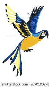 Exotic avian animal with vivid feathers and plumage, isolated tropical bird or parrot with claws and beak. Indigo macaw, zoo or pet shop. Wildlife and fauna, flying birdie. Vector in flat style