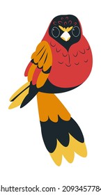 Exotic avian animal with vivid plumage and red feathers, isolated Eclectus parrot, sitting bird. Wildlife and tropical creatures. Roratus Polychloros birdie with long tail. Vector in flat style